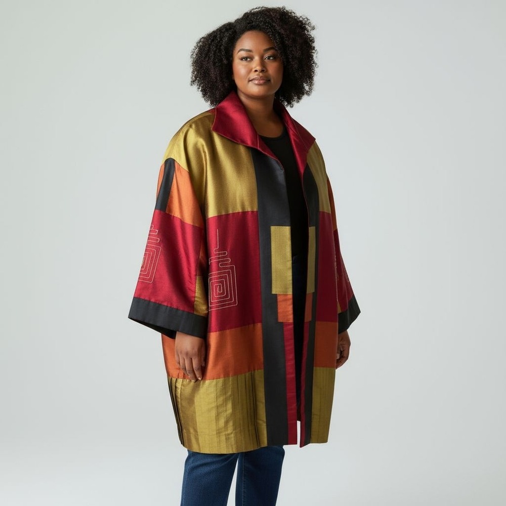 Art to Wear Silk Blend Colorblock Kimono Jacket Red Gold Embroidery Lbl Removed